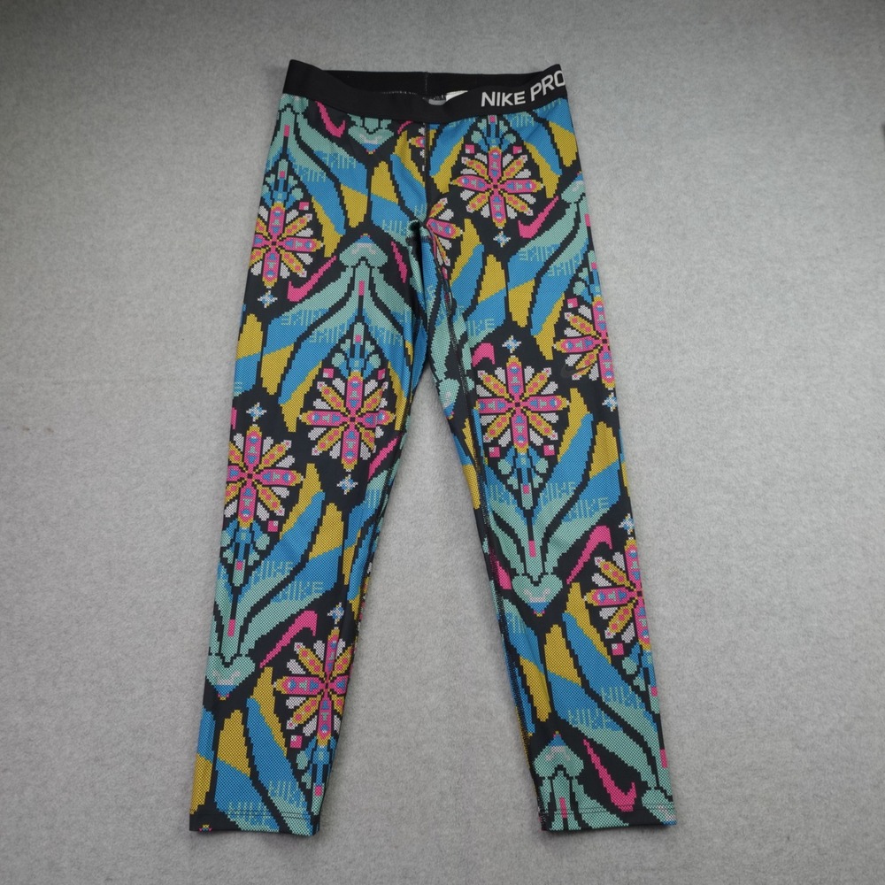 Nike Pro Leggings Womens M Multicolor Geometric Floral Capri Tight Dri-FIT